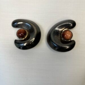 Vintage Crescent Shape Sterling Silver Oxidized Patina  Clip on Earrings